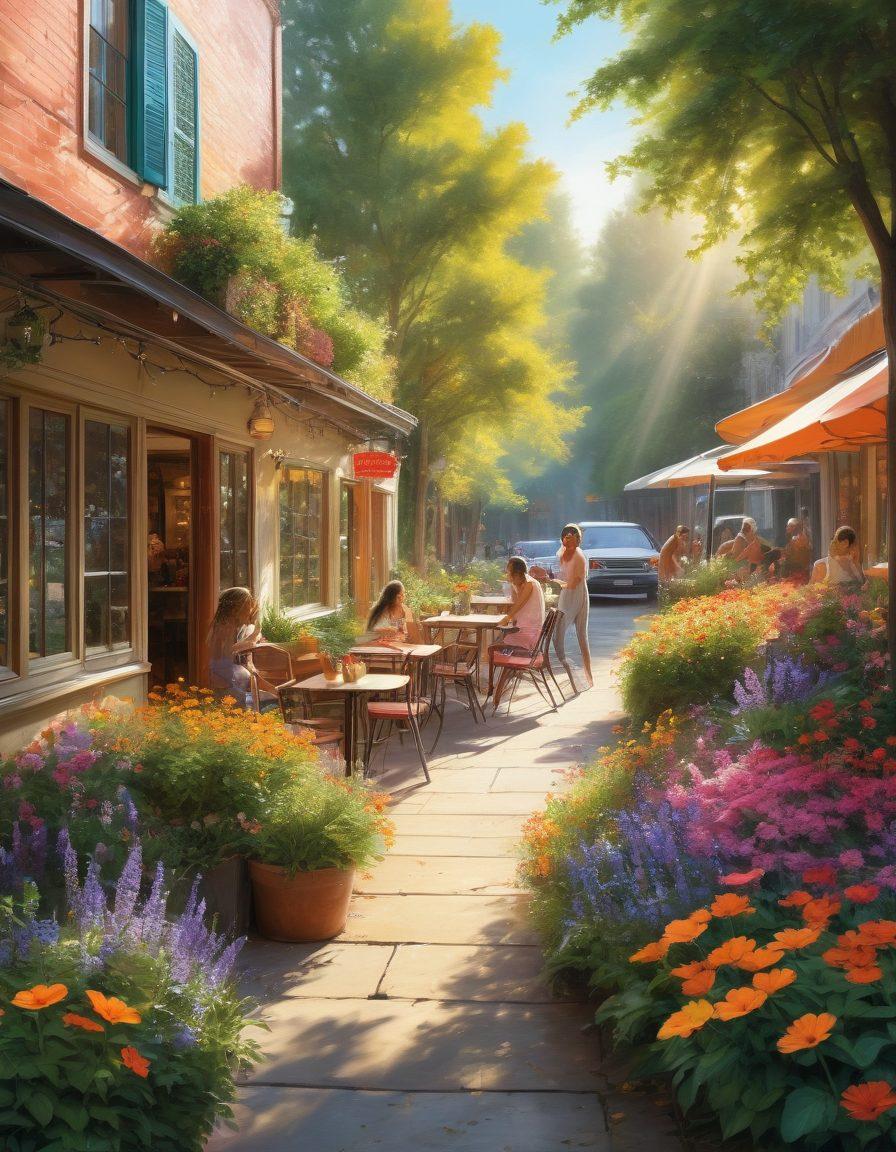 A vibrant street scene overflowing with joy, featuring people of various ages enjoying everyday moments, such as laughing children playing, friends sharing a meal at a café, and a street artist painting a colorful mural. Sunlight filters through trees, creating a warm, inviting atmosphere. Include elements of nature like blooming flowers and butterflies to symbolize allure. super-realistic. vibrant colors. warm tones.