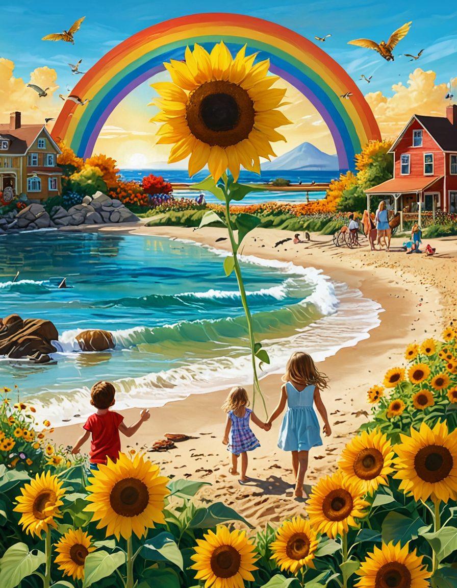 A vibrant collage capturing the transformation from cheerful to charming: radiant sunflowers basking in golden sunlight, a whimsical park scene filled with laughing children, a couple sharing a joyful moment under a rainbow, and gentle waves lapping at a serene beach. The overall atmosphere is infused with a sense of sensuality and exuberance, inviting viewers to embrace everyday joys. colorful and lively. illustration.